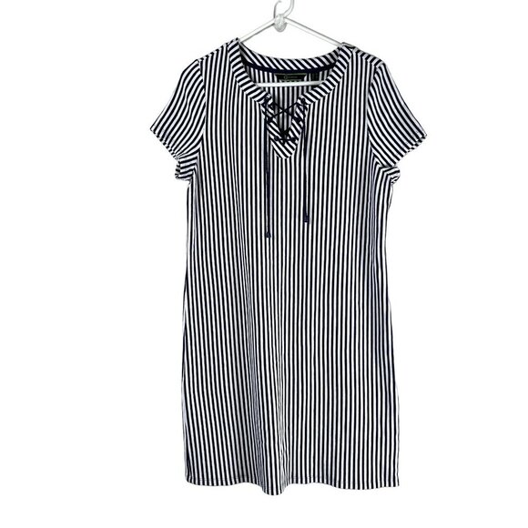 C Wonder Dress Womens Size M Navy White Striped Lace Up Textured Shift Nautical - Picture 1 of 13
